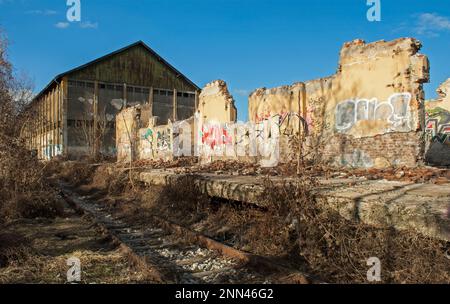 Un edificio distrutto con graffiti. Sofia, Bulgaria Foto Stock