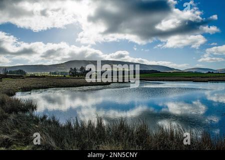 Cattura le dimensioni di Fan Frynych dal grande stagno di Mynydd Illtyd Common in una giornata di sole nuvole nel Parco Nazionale di Brecon Beacons Foto Stock