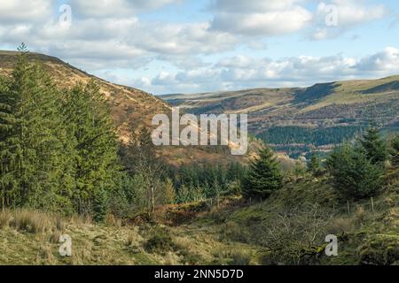 Una vista mozzafiato che si affaccia lungo la parte superiore o la testa della Valle di Talybont nel Brecon centrale Beacons visto dalla cima della strada Foto Stock