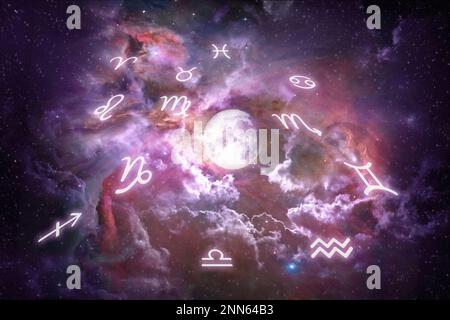 Colorato concetto astrologico con segni zodiacali e gli elementi lunari di questa immagine fornita dalla NASA. Foto Stock