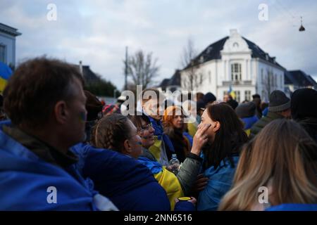 Thibault Savary / le Pictorium - i manifestanti pro Ucraina si sono riuniti davanti all'Ambasciata russa a Copenaghen, Danimarca. - 24/2/2023 - Danimarca / Copenaghen - un centinaio di supporti ucraini si sono riuniti venerdì 24 febbraio davanti all'Ambasciata russa a Copenaghen per celebrare il primo anno del conflitto alla presenza del danese PM mette Frederiksen e dell'ambasciatore ucraino in Danimarca, che ha parlato alla galleria. Un video pre-registrato di Volodolyr Zelenskyj è stato proiettato su uno schermo gigante. Foto Stock