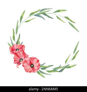 Wreath papaveri rossi acquerello, cornice prato, disegno floreale a mano, fiori selvatici rossi isolati su uno sfondo bianco. Foto Stock