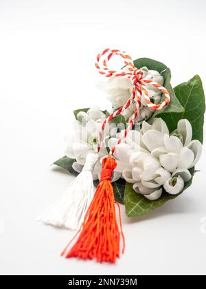 Bouquet di gocce di neve e corde bianche rosse e spilla tricolore su sfondo bianco, 1st marzo festa, Martisor Foto Stock
