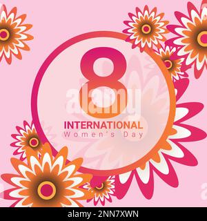 8 marzo giorno internazionale della donna cartolina con fiori, giorno internazionale della donna a forma rotonda, fiore con disegno del giorno della donna Illustrazione Vettoriale