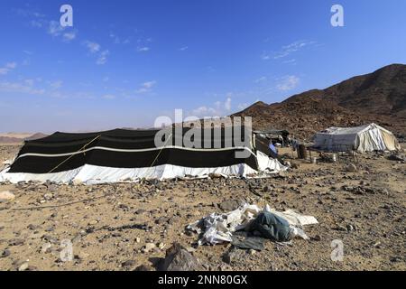 Campo beduino tradizionale, Wadi Feynan, al-Sharat, deserto di Wadi Araba, Giordania centro-meridionale, Medio Oriente. Foto Stock