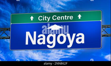 Cartello stradale che indica la direzione per la città di Nagoya. Foto Stock
