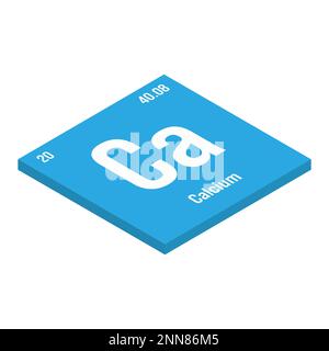 Calcio, CA, elemento tavola periodico con nome, simbolo, numero atomico e peso. Metallo alcalino terroso con vari usi industriali, come in edilizia, prodotti farmaceutici, e come integratore nutriente in alimenti. Illustrazione Vettoriale