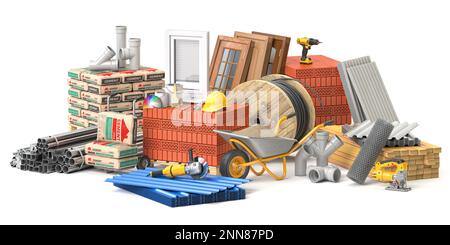 Materiali e utensili da costruzione isolati su sfondo bianco. illustrazione 3d Foto Stock