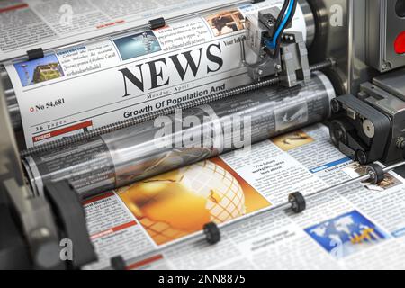 Giornale o hournal con stampa di notizie su una macchina da stampa in una tipografia. illustrazione 3d Foto Stock