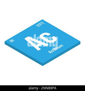 Actinium, AC, elemento periodico della tabella con nome, simbolo, numero atomico e peso. Elemento radioattivo con potenziali impieghi nel trattamento del cancro e come fonte di neutroni per la ricerca scientifica. Illustrazione Vettoriale