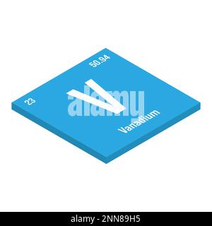 Vanadio, V, elemento periodico della tabella con nome, simbolo, numero atomico e peso. Metallo di transizione con vari usi industriali, come in alcuni tipi di acciaio e come catalizzatore in alcune reazioni chimiche. Illustrazione Vettoriale