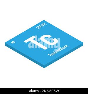 Tecnezio, Tc, elemento periodico della tabella con nome, simbolo, numero atomico e peso. Elemento radioattivo sintetico con potenziali impieghi nella ricerca scientifica e nell'energia nucleare. Illustrazione Vettoriale