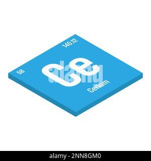 Cerio, CE, elemento periodico della tabella con nome, simbolo, numero atomico e peso. Metallo di terre rare con vari usi industriali, come in convertitori catalitici, agenti lucidanti, e come componente di selce più leggere. Illustrazione Vettoriale