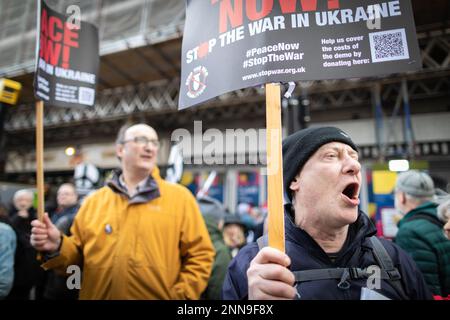 Londra, Regno Unito. 25th Feb, 2023. Due manifestanti attendono l'inizio della manifestazione nazionale. Un anno fa, la Russia ha invaso l'Ucraina, causando la morte di migliaia di persone. Il movimento Stop the War vuole che si svolga un dialogo di pace, non l'armamento di una guerra in corso che va a vantaggio solo dei produttori di armi. Credit: Andy Barton/Alamy Live News Foto Stock