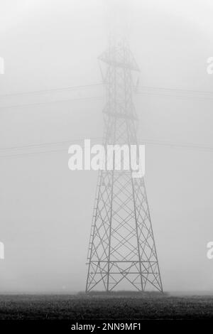 Un grande traliccio ad alta tensione è protetto dalla nebbia mattutina Foto Stock