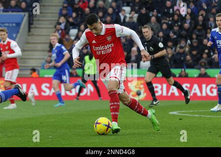 Leicester, Regno Unito. 25th Feb 2023. Gabriel Martinelli dell'Arsenal durante la prima metà dell'incontro della Premier League tra Leicester City e Arsenal al King Power Stadium di Leicester sabato 25th febbraio 2023. (Foto: John Cripps | NOTIZIE MI) Credit: NOTIZIE MI & Sport /Alamy Live News Foto Stock