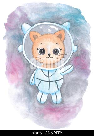 Gattino spaziale nel casco e tuta spaziale. Astronauta gatto divertente e carino, animale bambino. Gattino nella tuta spaziale nel cosmo. Illustrazione watercolor carino per bambini. Foto Stock