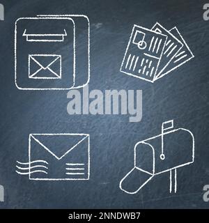 Icona della casella e-mail e della lettera impostata sulla lavagna. Simboli di caselle postali e postali, buste e cartoline. Illustrazione vettoriale. Illustrazione Vettoriale