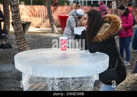 Toronto, Canada. 19th Feb, 2023. Donna posa per una foto da un tavolo fatto di ghiaccio solido in un caffè all'aperto durante Icefest a Toronto, Ontario, Canada il 19 febbraio 2023. (Foto di Creative Touch Imaging Ltd./NurPhoto)0 Credit: NurPhoto SRL/Alamy Live News Foto Stock