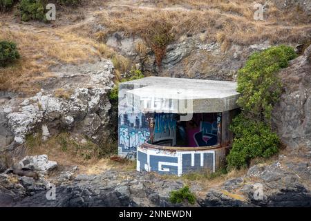 Graffiti tage su bunker di cemento sul bunker costiero della seconda Guerra Mondiale sulla costa vicino Akaroa, Nuova Zelanda. Foto Stock