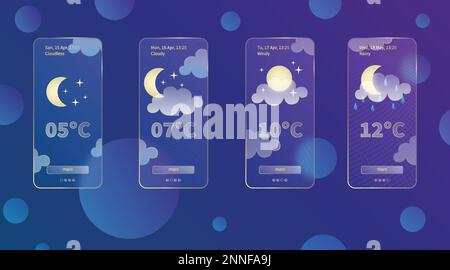 Set di 3D modelli di app per la previsione meteo del vetrificio, kit di progettazione per interfaccia. Icone del meteo notturno su sfondo sfumato blu scuro Collezioni stagionali smar Illustrazione Vettoriale