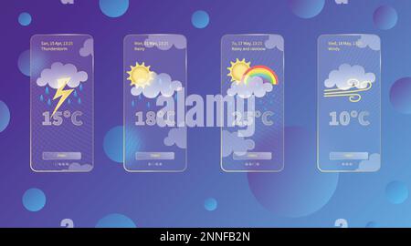 Set di 3D modelli di app per la previsione meteo del vetrificio, kit di progettazione per interfaccia. Icone del meteo del giorno su fondo sfumato blu scuro Collezioni stagionali Illustrazione Vettoriale