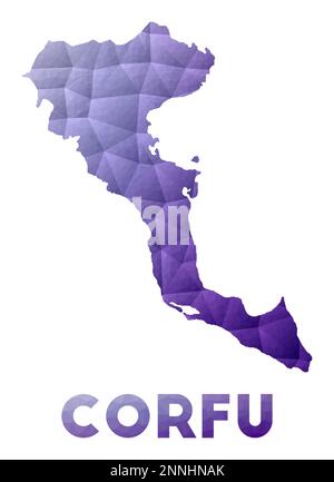 Mappa di Corfù. Bassa illustrazione poly dell'isola. Design geometrico viola. Illustrazione del vettore poligonale. Illustrazione Vettoriale
