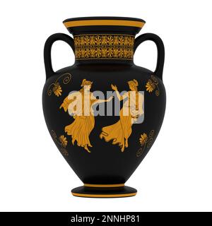 Antico vaso greco nero con ornamento a meandro e motivo due donne danzanti isolate su uno sfondo bianco. rendering 3d Foto Stock