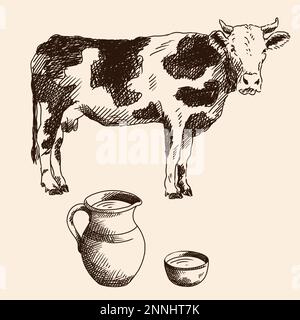 Un rapido disegno a matita a mano libera di una mucca e una brocca di latte e ciotola Illustrazione Vettoriale