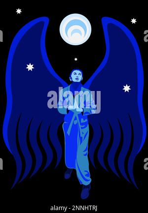 Un angelo che cammina nella notte sotto la luna e le stelle Illustrazione Vettoriale