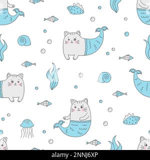 Carino gatto sirena modello senza cuciture. Sfondo marino vettoriale. Illustrazione Vettoriale