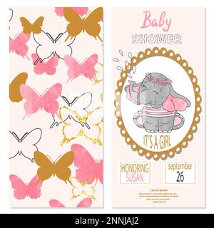 Ragazza doccia bambino. Vector Invitation card design con farfalle e carino elefante bambino Illustrazione Vettoriale