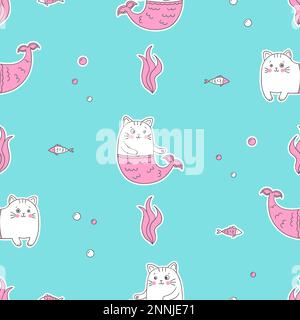 Carino gatto senza cuciture motivo sirena. Sfondo marino vettoriale per bambini. Illustrazione Vettoriale