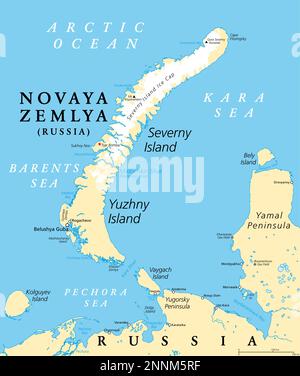 Novaya Zemlya, arcipelago nella Russia settentrionale, mappa politica. Situato nell'Oceano Artico, tra il Mare di Barents e il Mare di Kara. Foto Stock