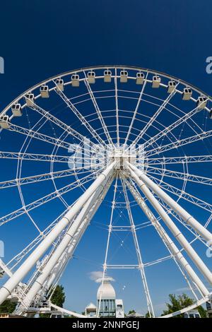 Il giro di divertimento sulla ruota panoramica di Montreal e vista parziale del Bassin Bonsecours Pavilion in estate, il Vecchio Porto di Montreal, Quebec, Canada. Foto Stock