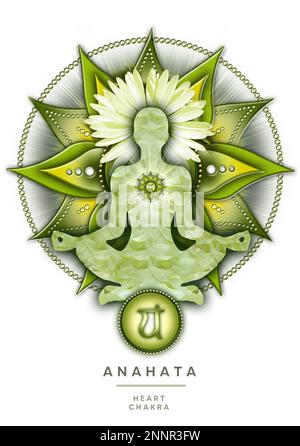 Meditazione chakra del cuore in posa yoga loto, di fronte al simbolo anahata chakra. Foto Stock