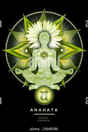 Meditazione chakra del cuore in posa yoga loto, di fronte al simbolo anahata chakra. Foto Stock