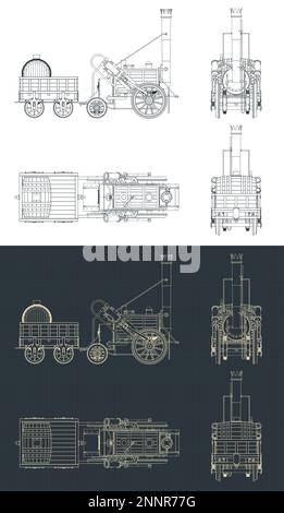 Illustrazioni vettoriali stilizzate di progetti della locomotiva a vapore Rocket di Robert Stephenson, creata nel 1829 Illustrazione Vettoriale