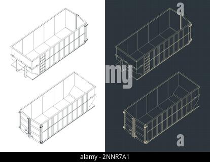 Illustrazione vettoriale stilizzata di progetti isometrici di grandi contenitori per rifiuti industriali per autocarri Illustrazione Vettoriale