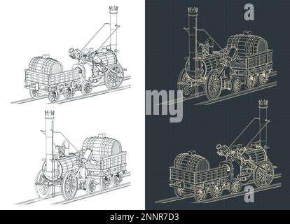 Illustrazioni vettoriali stilizzate della locomotiva a vapore Rocket di Robert Stephenson, creata nel 1829 Illustrazione Vettoriale