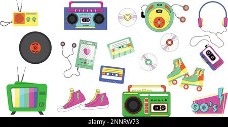 Elementi retrò classici degli anni '80s-90s. Illustrazione Vettoriale