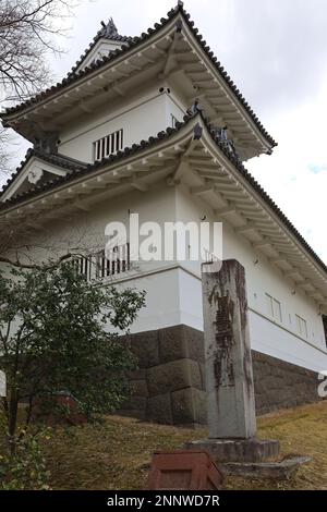 Sendai, Miyagi, Giappone, febbraio 2023. Primo piano della porta principale del Castello di Sendai. Foto Stock