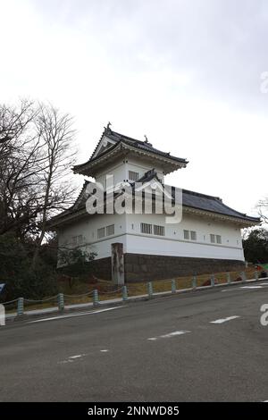 Sendai, Miyagi, Giappone, febbraio 2023. Primo piano della porta principale del Castello di Sendai. Foto Stock