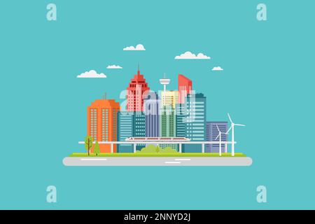 design piatto moderna città urbana con grattacieli e trasporto intelligente concetto di città Illustrazione Vettoriale