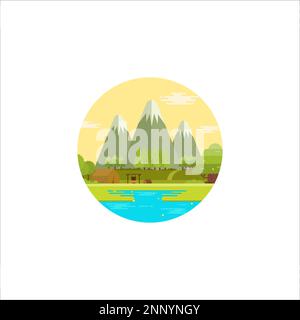 logo con emblema rotondo wilderness explorer con campeggio estivo nella foresta vicino al lago Illustrazione Vettoriale