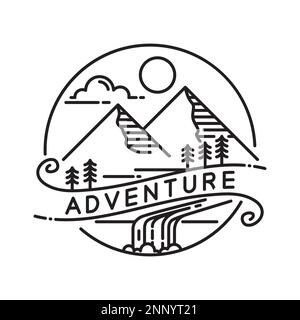 Modello vettoriale con logo Monoline Mountain Outdoor Badge Illustrazione Vettoriale