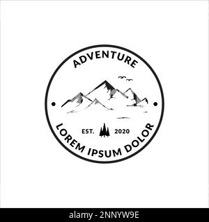 logo adventure, disegno di badge vintage con illustrazione di montagna Illustrazione Vettoriale