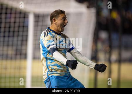 Chester, US, Feb 25th 2023 Alejandro Bedoya (11 Union) festeggia il suo obiettivo durante la partita di calcio della Major League tra Philadelphia Union e Columbus Crew al Subaru Park di Chester, PA (Georgia Soares/SPP) Credit: SPP Sport Press Photo. /Alamy Live News Foto Stock