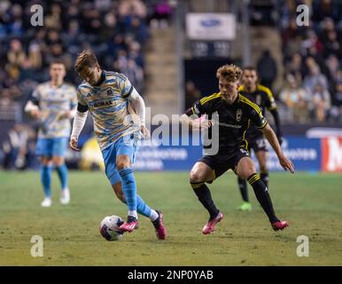 Chester, US, Feb 25th 2023 Kai Wagner (27 Union) controllare la palla durante la partita di calcio della Major League tra Philadelphia Union e Columbus Crew al Subaru Park di Chester, PA (Georgia Soares/SPP) Credit: SPP Sport Press Photo. /Alamy Live News Foto Stock