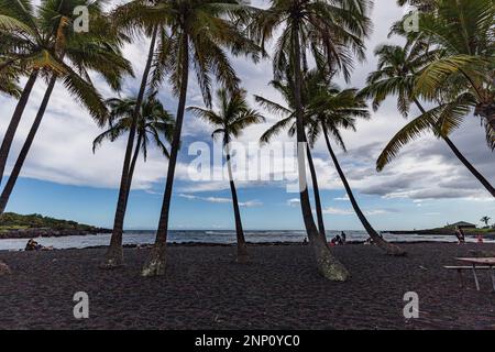Punaluu Black Sand Beach è una delle spiagge di sabbia nera più famose delle Hawaii. La sabbia della spiaggia è fatta di piccoli frammenti di lava di pece-black. Foto Stock